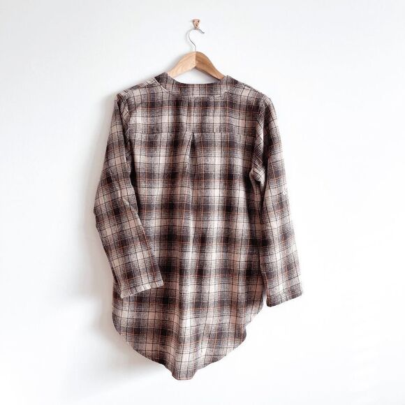 Papillon Womens Long Sleeve Plaid Curved Hi-Lo Hem Brown Tan Top Size S - Picture 2 of 6